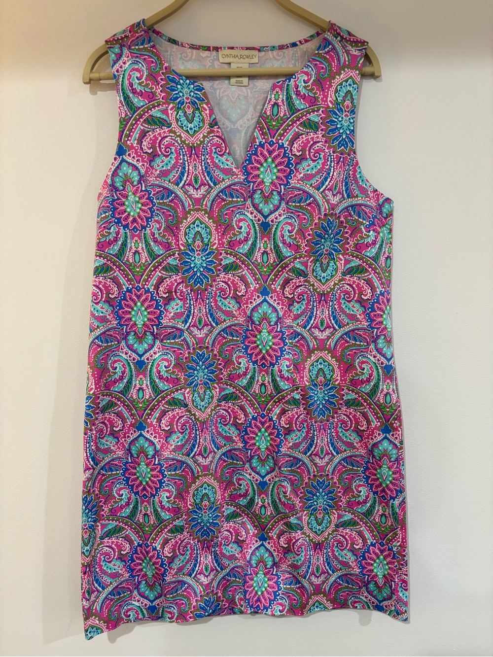 Cynthia Rowley Paisley V-Neck Shift Mini Dress Size 10 Pink Sleeveless Summer